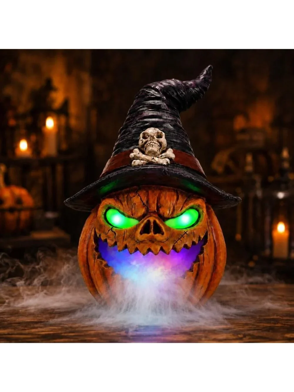 Glowing Halloween Pumpkin Decor with Mist Maker & Lighted Witch Hat - USB-C